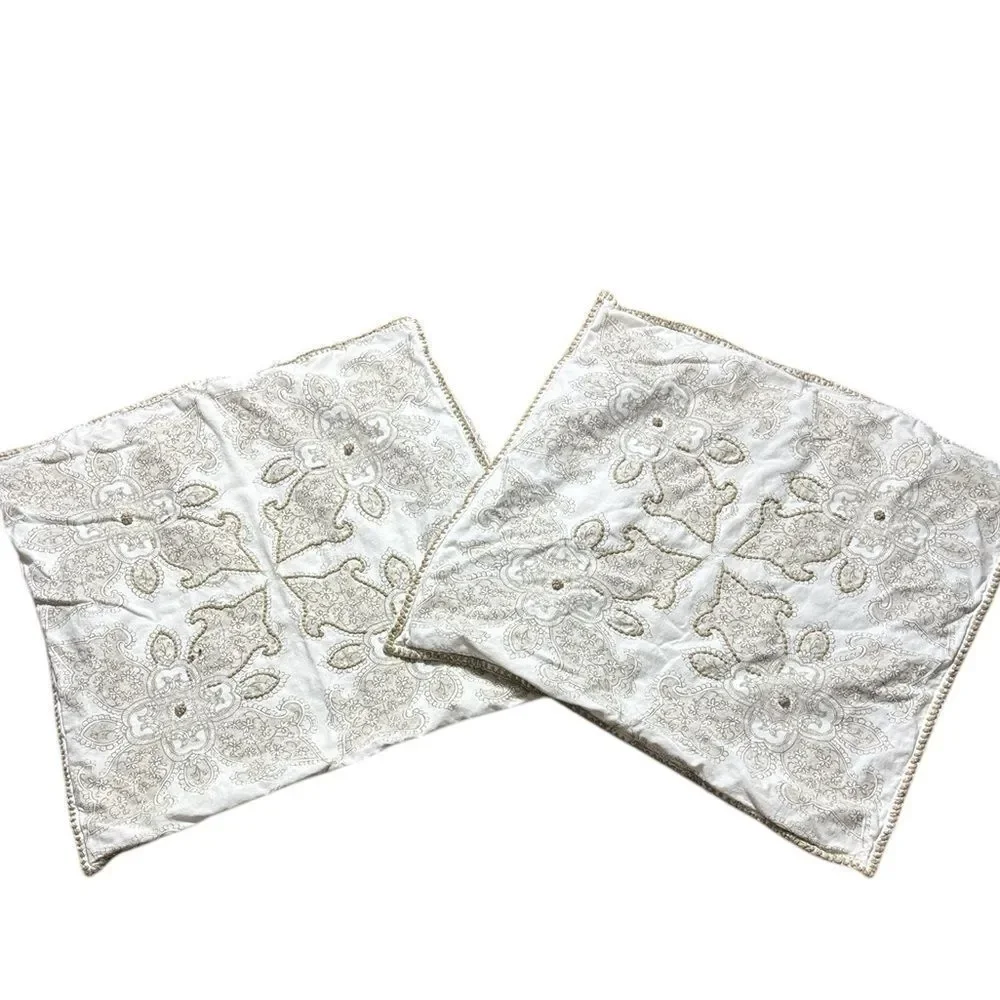 Pottery barn set of (2) decorative embroidered square linen blend pillow shams